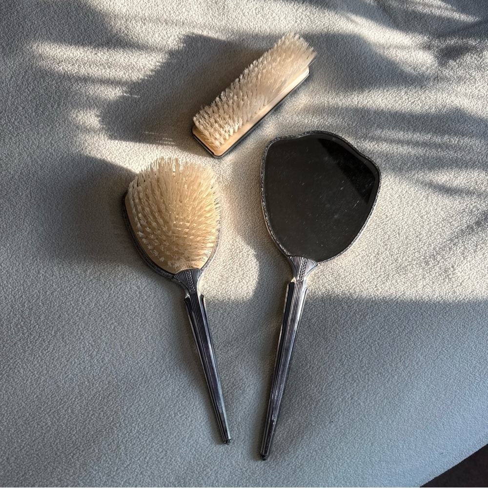 Vintage Silver-Tone Floral Hand Mirror & Brush Set - Picture 2 of 12